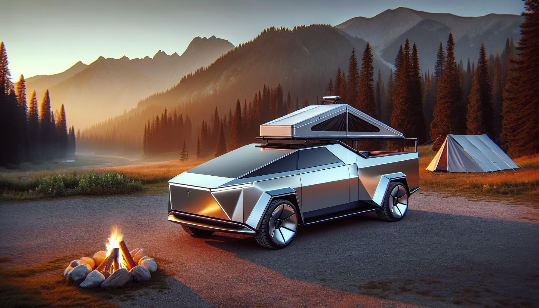 Tesla Cybertruck overlanding camping setup with rooftop tent at mountain campsite