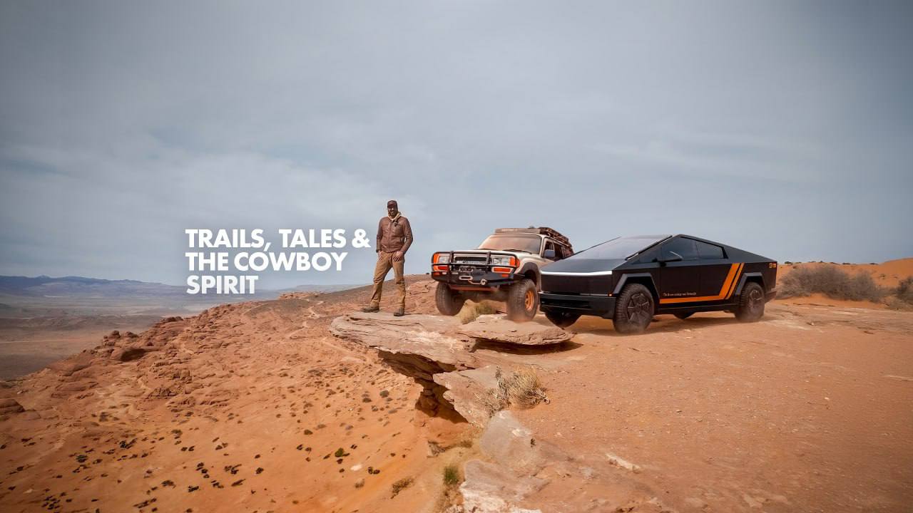 Taha Abbasi standing with his 1994 Toyota Land Cruiser Bernard and Tesla Cybertruck Kemosabe in the Utah desert — The Brown Cowboy
